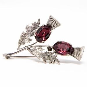 Vintage Sterling Silver Thistle Brooch Purple Rhinestone Signed Ward Bros Celtic